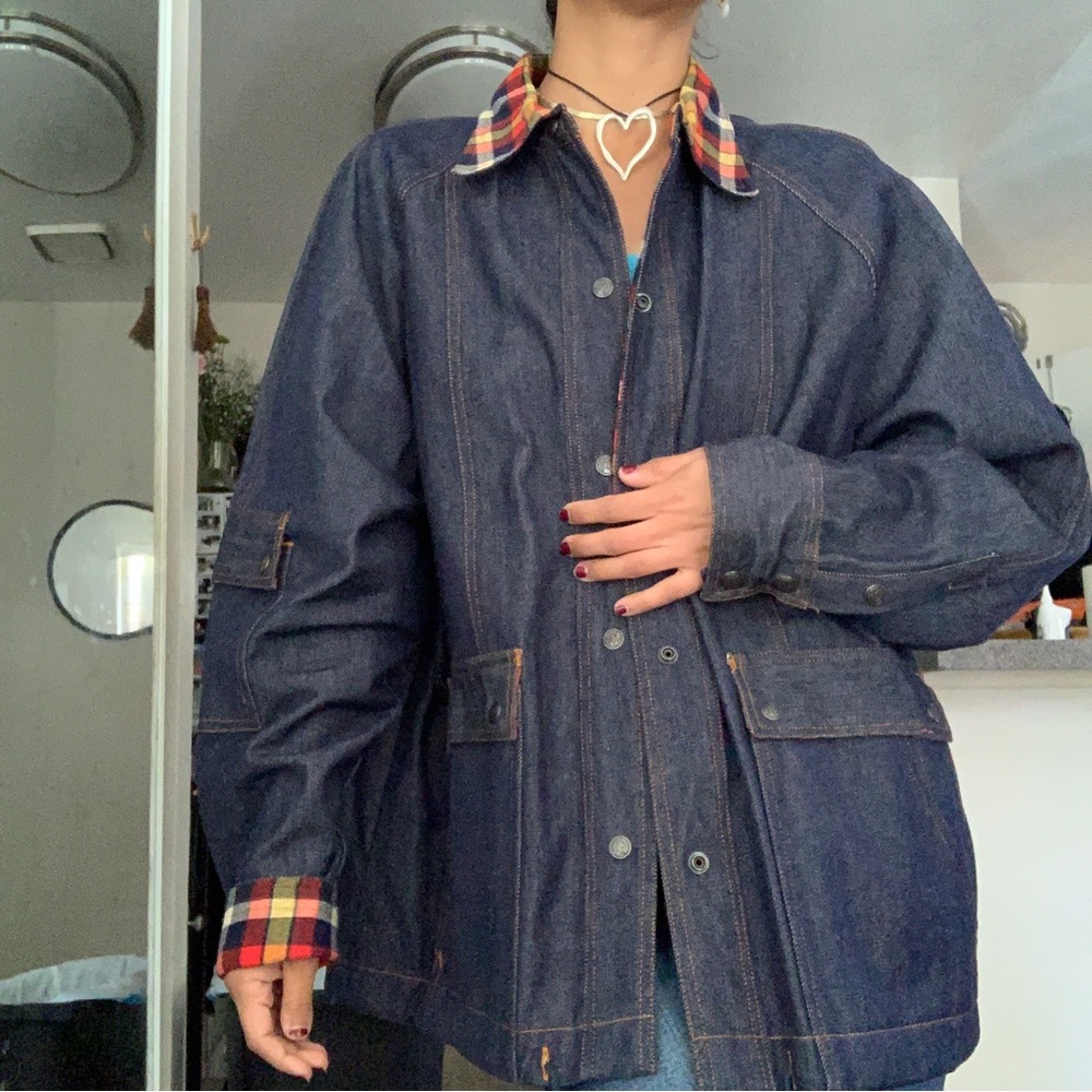 Denim Jacket ❤️🧡💛with plaid collar and cuffs ~uni-sex